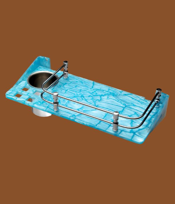 Blue wall-mounted bathroom shelf with tumbler cup.