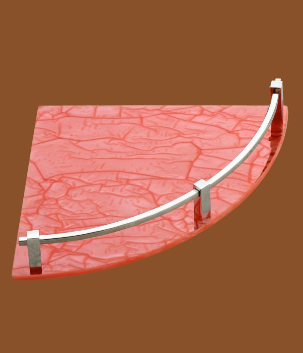 Pink 9x9 inch acrylic corner shelf mounted on bathroom wall for storage and decor.