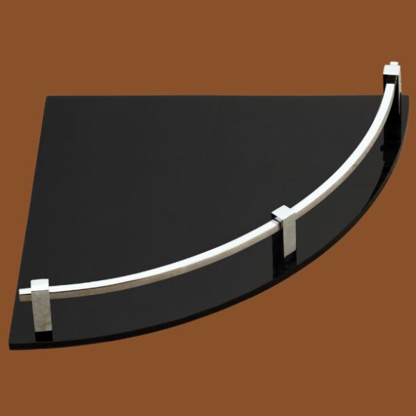 Black 9x9 inch acrylic corner shelf mounted on bathroom wall for durable, space-saving storage and decor.
