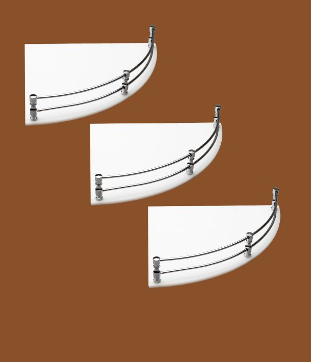 Milky white acrylic corner shelf set of 3 with stainless steel rail