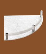 STIMULUS 12x12 inch acrylic corner stand mounted in bathroom, holding soaps and towels