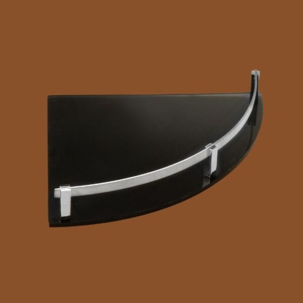 Black cracked acrylic corner shelf with silver rail – modern wall-mounted bathroom and kitchen organizer.