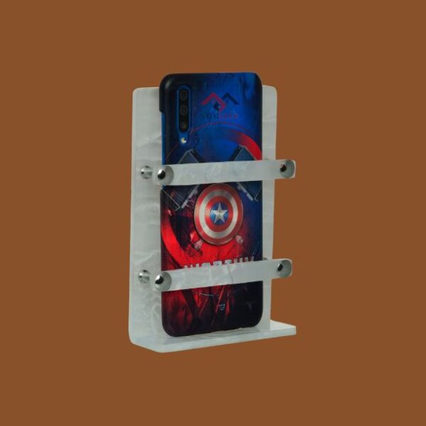 White acrylic phone stand wall-mounted in bedroom or office.