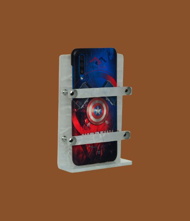 White acrylic phone stand wall-mounted in bedroom or office.